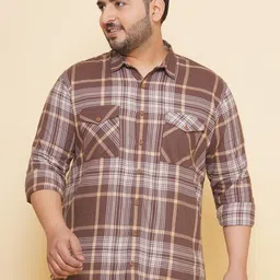 John Pride Plus Size Tartan Checked Spread Collar Cotton Casual Shirt-picture-30