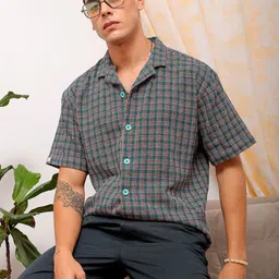 The Indian Garage Co Relaxed Fit Tartan Checked Cuban Collar Pure Cotton Casual Shirt-picture-34
