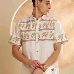 DENNISON Smart Ethnic Motifs Printed Spread Collar Oversized Cotton Casual Shirt-image-14