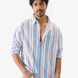 The Souled Store Spread Collar Long Sleeves Relaxed Striped Regular Fit Cotton Shirt-image-70