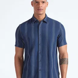 Flying Machine Cotton Dobby Indigo Striped Casual Shirt-image-0