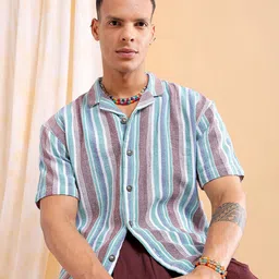 The Indian Garage Co Striped Cuban Collar Pure Cotton Oversized Casual Shirt-picture-37