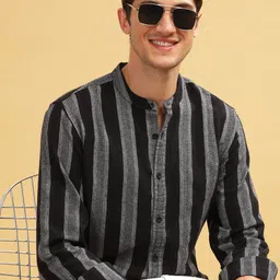 HERE&NOW Black Striped Cotton Mandarin Collar Slim Fit Curved Casual Shirt-picture-39