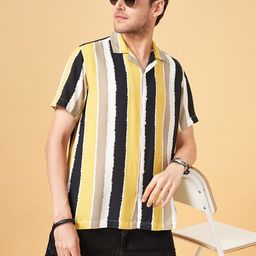 People Cream-Coloured Slim Fit Vertical Striped Cuban Collar Casual Shirt-picture-48