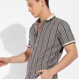 Campus Sutra Beige & Black Classic Striped Cotton Casual Shirt-picture-33