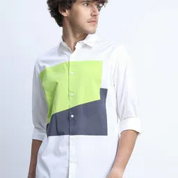 HIGHLANDER Men White Slim Fit Colourblocked Cotton Casual Shirt-picture-15