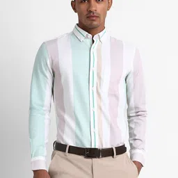 Peter England Elite Slim Fit Vertical Striped Button-Down Collar Pure Cotton Formal Shirt-picture-36