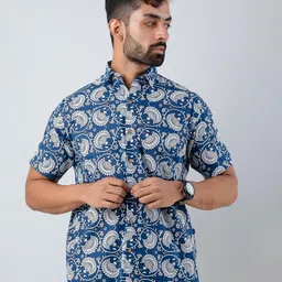 Firangi Yarn Men Blue & White Printed Cotton Standard Casual Shirt-picture-51