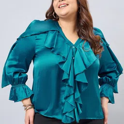 Orchid Blues Plus Size V-Neck Puff Sleeves Satin Top-picture-16
