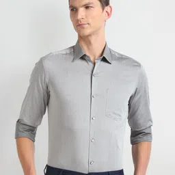 Arrow Self Design Spread Collar Heathered Twill Slim Fit Pure Cotton Autopress Formal Shirt-image-75