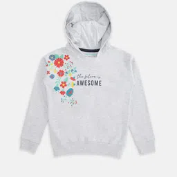 Pantaloons Junior Girls Grey Melange Printed Hooded Sweatshirt image 1