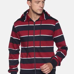 Campus Sutra Men Maroon & Black Striped Hooded Pure Cotton Open-Front Sweatshirt image 1