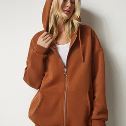 Happiness istanbul Hood Front-Open Long Sleeves Straight Cotton Sweatshirt image 1