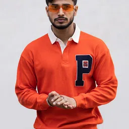 Powerlook Orange Polo Collar Long Sleeves Cotton Oversize Orange T-shirt image 1