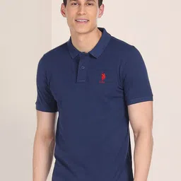 U.S. Polo Assn. Men Blue Solid Polo Collar Pure Cotton Slim Fit T-shirt-picture-50