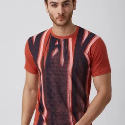 yak yak YAK Men Orange  Blue Abstract Printed  Slim Fit Pure Cotton T-shirt-picture-32