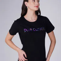 POSE CASUALS Women Typography Printed Round Neck Cotton T-shirt-image-1