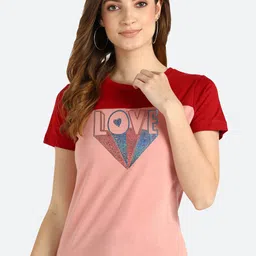 shashvi Women Peach-Coloured & Red Cotton T-shirt-image-83