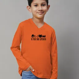 Friskers Boys Orange Typography Printed V-Neck Applique T-shirt-picture-56