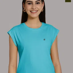 Friskers Women Turquoise Blue 2 Extended Sleeves Applique T-shirt-image-49