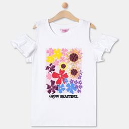 R&B Girls Floral Printed Embellished Cold Shoulder Sleeves Cotton T-shirt-picture-38