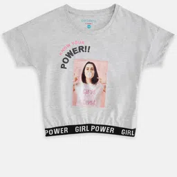 Pantaloons Junior Girls Grey Melange & Black Printed T-shirt image 1