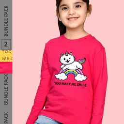 NUSYL Girls Yellow & Pink Pack of 2 Graphic Printed T-shirts-picture-12