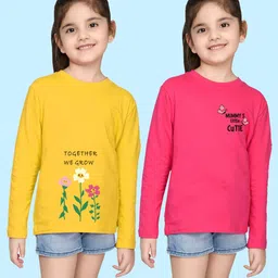 NUSYL Girls Yellow & Pink Pack of 2 Graphic Printed T-shirts-picture-42
