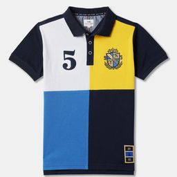 R&B Boys Blue Colourblocked Relaxed Fit Polo Collar Cotton T-shirt-picture-8
