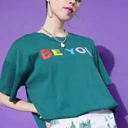 STREET 9 Women Green Typography Drop-Shoulder Pure Cotton T-shirt-image-74