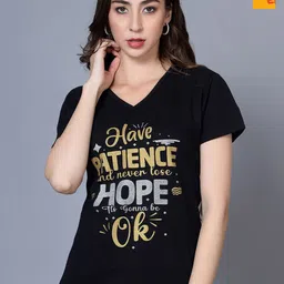 Fleximaa Women Typography 2 Printed V-Neck Pure Cotton T-shirt image 1