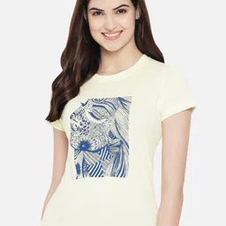 Fabflee Women Yellow Printed Round Neck Cotton T-shirt-picture-28
