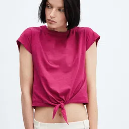 MANGO Tie-Up Waist Extended Sleeves Pure Cotton T-shirt-image-19