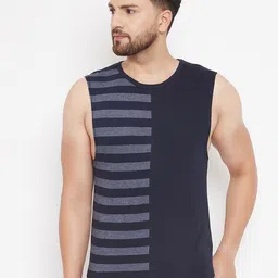Hypernation Men Blue & Grey Striped Cotton T-shirt-image-10