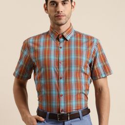 SOJANYA Men Rust Orange & Blue Classic Regular Fit Checked Pure Cotton Formal Shirt-picture-18