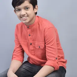 Crimsoune Club Boys Classic Slim Fit Half Placket Band Collar Casual Shirt-image-96