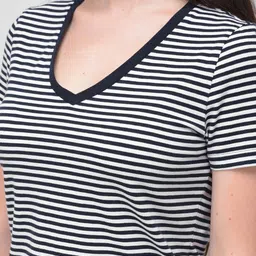 Woodland Women Navy Blue & White Striped V-Neck T-shirt image 2