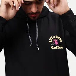 Mad Over Print Black Graphic Printed Hooded Fleece Pullover Sweatshirt image 2