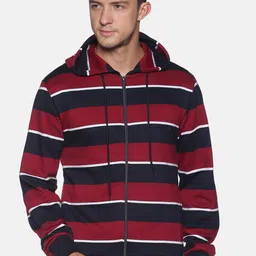 Campus Sutra Men Maroon & Black Striped Hooded Pure Cotton Open-Front Sweatshirt image 3