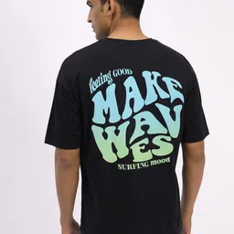 Mast & Harbour Black & Blue Typography Printed Round Neck Cotton Oversized T-shirt-picture-26