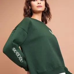 Tokyo Talkies Green Typography Printed Long Sleeves Oversized Pullover image 4