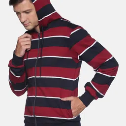 Campus Sutra Men Maroon & Black Striped Hooded Pure Cotton Open-Front Sweatshirt image 4