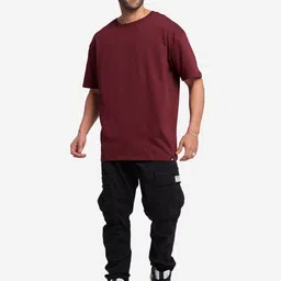 The Souled Store Men Burgundy Solid Round Neck Oversized T-Shirt image 5