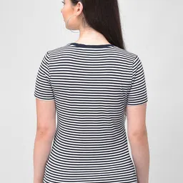 Woodland Women Navy Blue & White Striped V-Neck T-shirt image 5