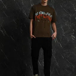 Breakbounce Olive Green Typography Printed Cotton Oversized T-shirt image 5