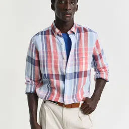 GANT Men Button-Down Collar Checked Linen Casual Shirt image 5