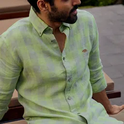 Andamen Checked Spread Collar Long Sleeves Premium Slim Fit Linen Casual Shirt image 5