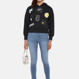 People Women Black Printed Hooded Sweatshirt image 2