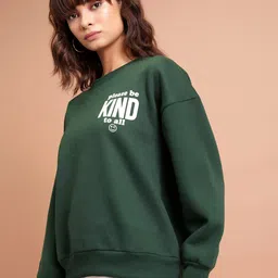 Tokyo Talkies Green Typography Printed Long Sleeves Oversized Pullover image 5