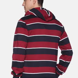 Campus Sutra Men Maroon & Black Striped Hooded Pure Cotton Open-Front Sweatshirt image 5